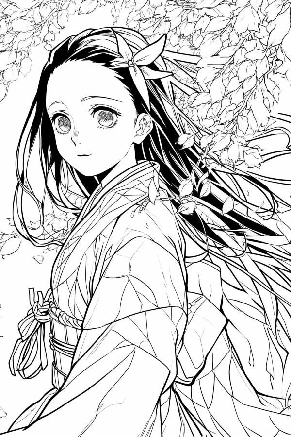 Japanese kimono anime girl with long black hair and flower hair accessory, surrounded by cherry blossom branches and falling petals — free printable anime characters coloring book page