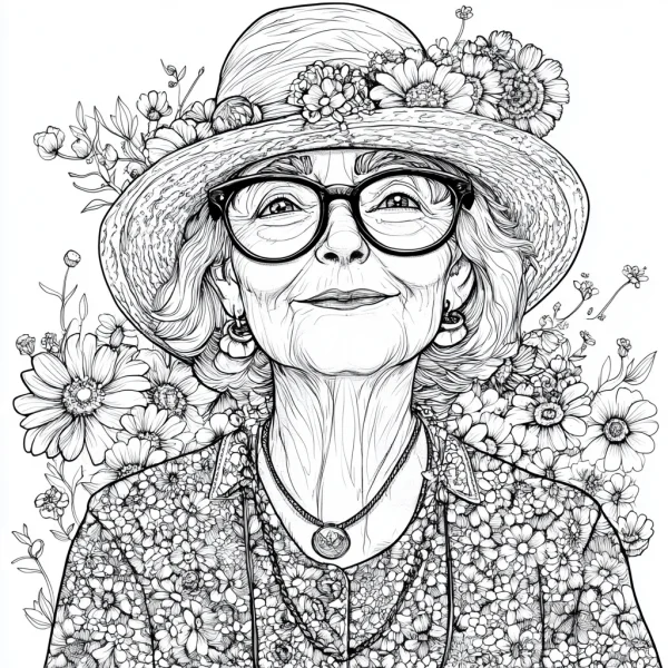 Elderly woman surrounded by daisies and wild flowers, wearing wide-brimmed hat and black-framed glasses — free printable senior life coloring book page