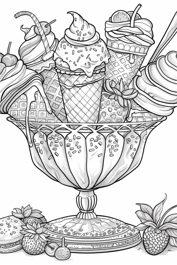 Ice cream sundae platter in an ornate decorative goblet, realistic line art style — free printable desserts coloring book page