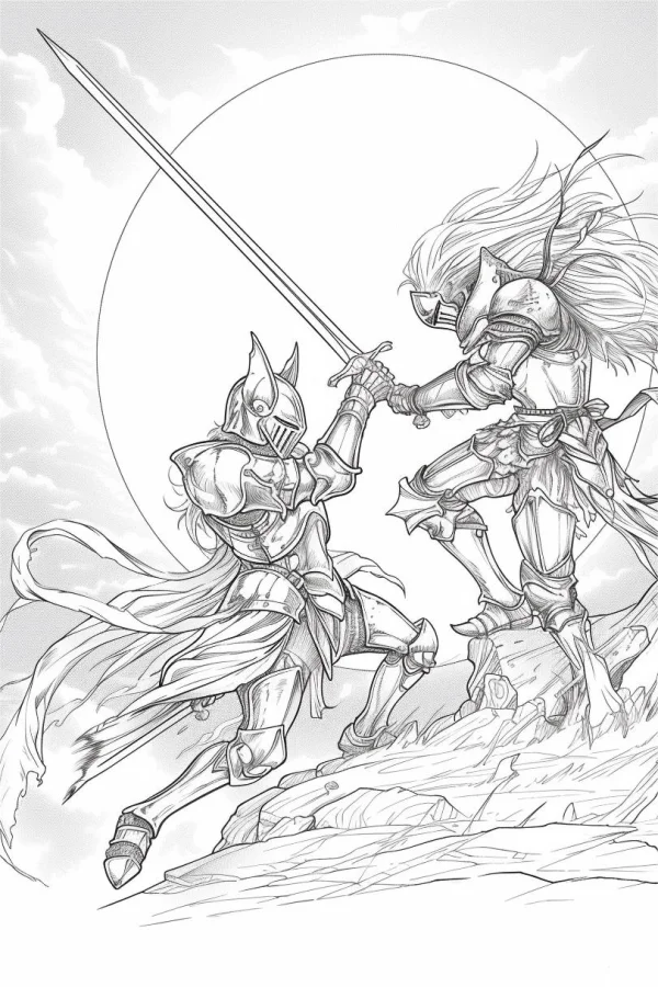 Two armored knights in battle on rocky terrain, fantasy style — free printable combat coloring book page