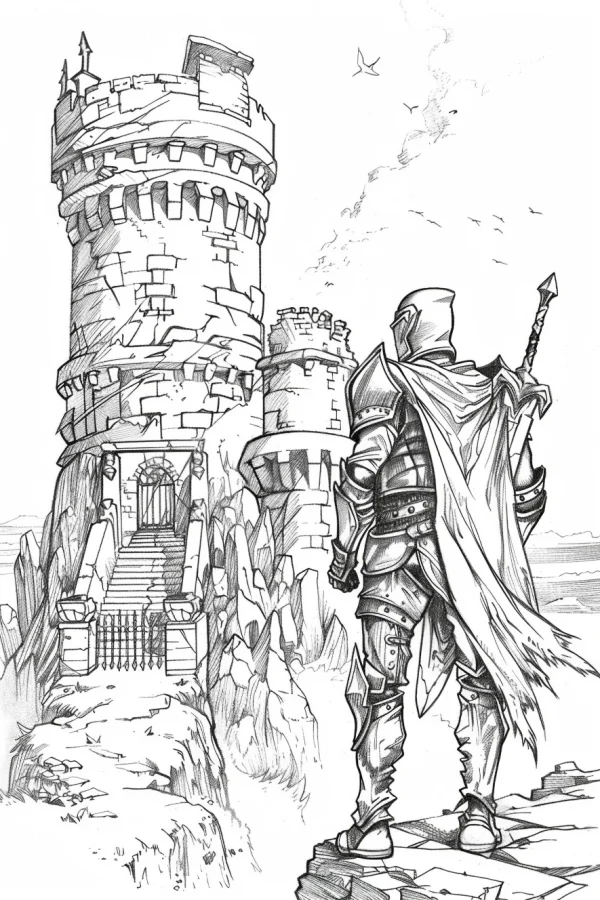 Armored knight with tattered cape facing ancient castle towers on rocky cliff, realistic fantasy style — free printable knight coloring book page