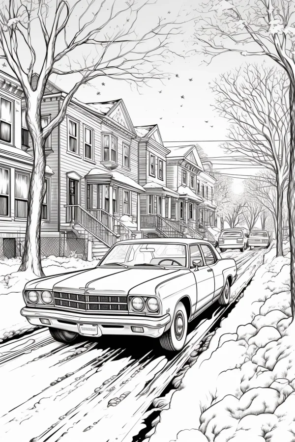 Vintage car on snow-covered neighborhood street, realistic style — free printable community life coloring book page