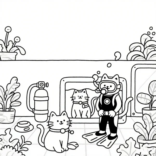 Anthropomorphic cat in diving suit with other cats in cozy indoor scene with potted plants, cartoon style — free printable coloring page