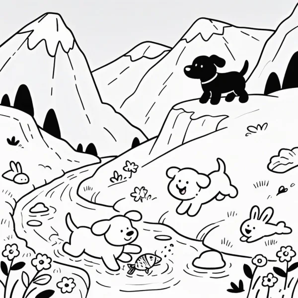 Playful puppies and rabbits in mountain stream, cartoon style — free printable outdoor play coloring book page