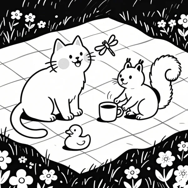 Cute cat and squirrel having a gathering outdoors, cartoon style — free printable coloring page