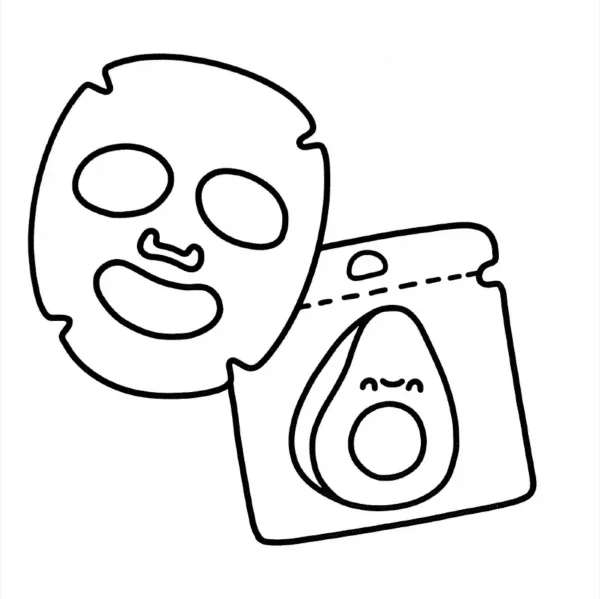 Cartoon facial mask and avocado mask pouch with cute expression, cartoon style — free printable skincare coloring book page