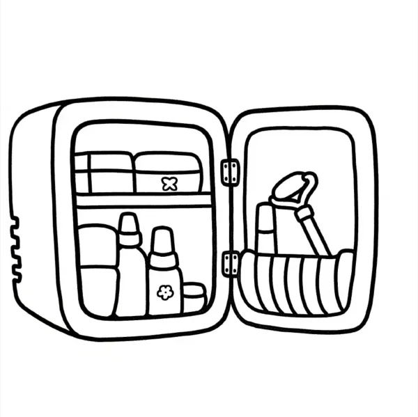Open first aid kit, cartoon style — free printable healthcare coloring book page