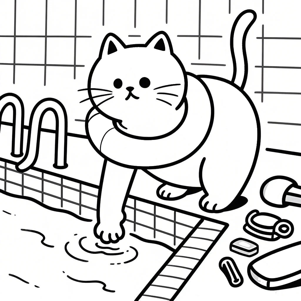 Chubby cat with swimming ring, cartoon style — cartoon style — beginner-friendly — line art coloring page — for kids and adults of all ages