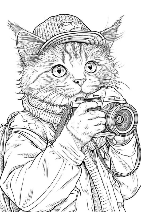 Anthropomorphic cat holding a camera, wearing a baseball cap — free printable personification coloring book page