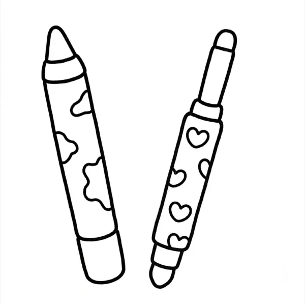Cartoon crayon and colored pen decorated with heart and cloud patterns, cartoon style — free printable stationery coloring book page