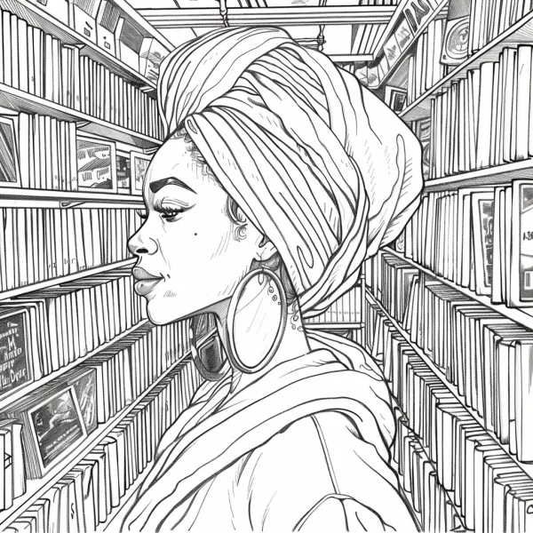 Side profile of a woman with headwrap and large hoop earrings, in a bookstore aisle surrounded by full bookshelves — free printable bookstore coloring book page