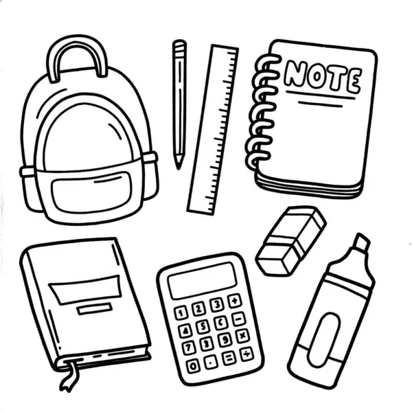 Collection of school stationery including backpack, pencil — free printable stationery coloring book page