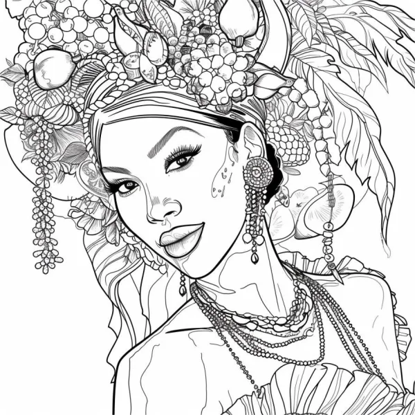 Elaborately dressed latin american woman, latin style — free printable carnival coloring book page
