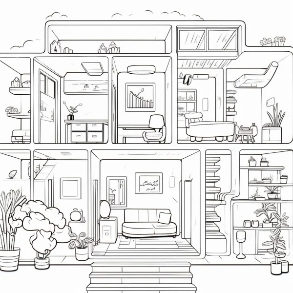 Multi-level indoor home space, realistic sketch style — free printable indoor life coloring book page