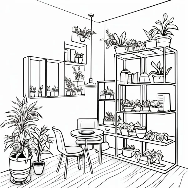 Indoor leisure space filled with various potted plants, line art style — free printable indoor life coloring book page