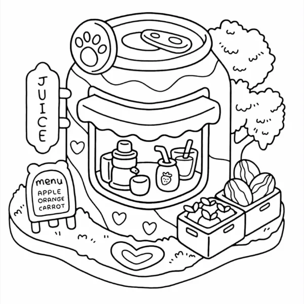 Jar-shaped juice shop, cartoon style — free printable small shop coloring book page