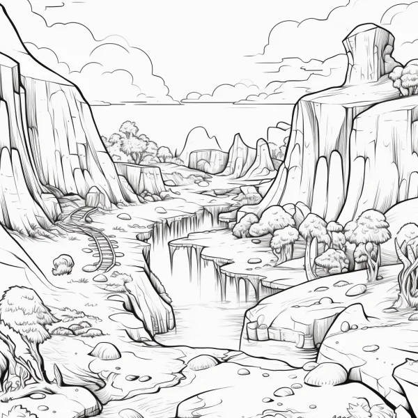 Canyon valley landscape with river and train tracks, realistic sketch style — free printable canyon coloring book page