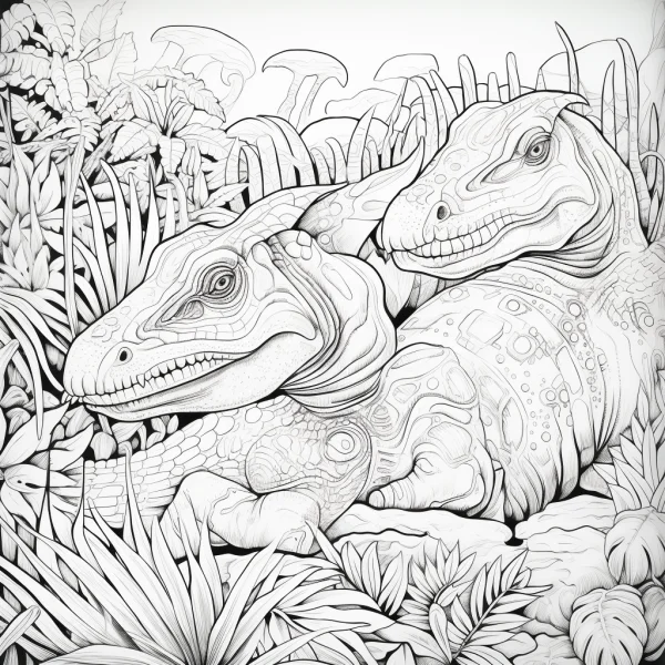 Mandala-patterned dinosaurs in prehistoric jungle, decorative sketch art style — free printable jungle coloring book page