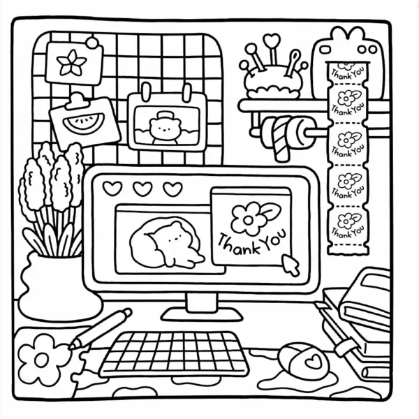 Cute cartoon cat on computer screen, cozy desk scene with stationery — free printable gratitude coloring book page