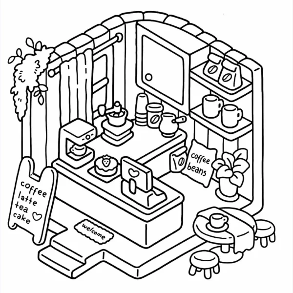 Mini coffee shop interior scene, cartoon style — free printable cafe coloring book page