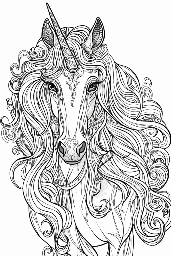Gorgeous unicorn with intricate curly mane, fantasy style — free printable unicorn coloring book page
