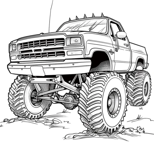 Bigfoot monster truck, realistic  with large rugged off-road tires — free printable outdoor adventure coloring book page