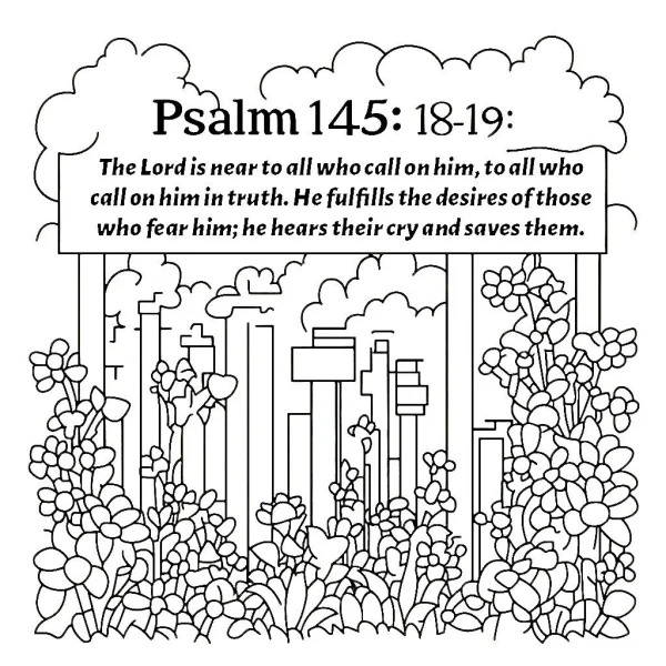 City skyline surrounded by flowers with religious scripture psalm 145:18-19 in cloud-shaped frame, simple line art style — free printable natural flowers coloring book page