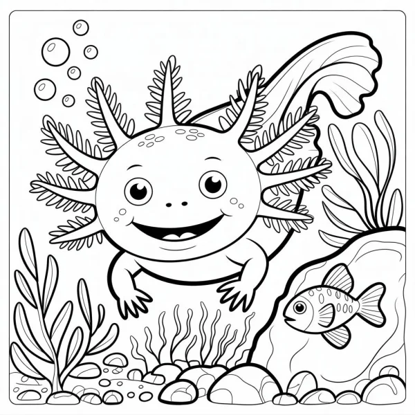 Cute cartoon axolotl, underwater scene with aquatic plants — free printable amphibians coloring book page