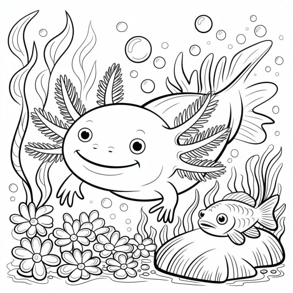 Cute cartoon axolotl, underwater scene with small fish — free printable amphibians coloring book page