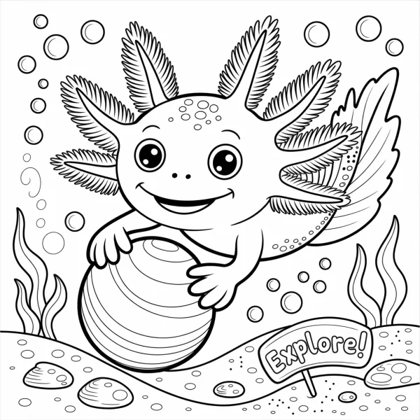 Cute cartoon axolotl playing with a striped ball under the sea, cartoon style — free printable coloring page