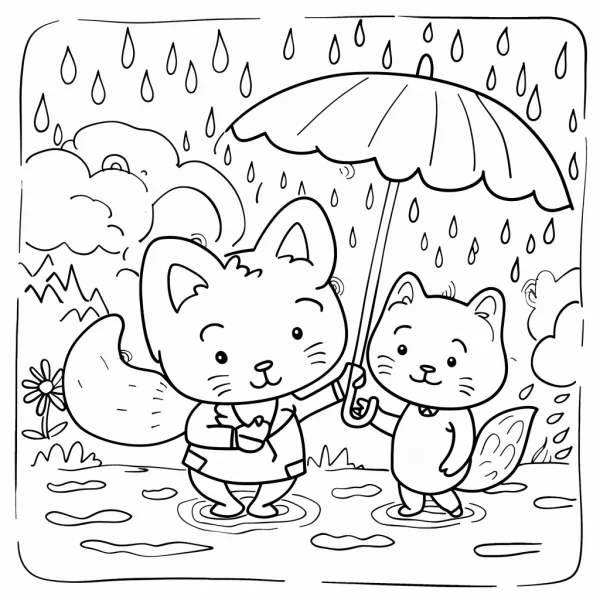 Two cute little cats holding an umbrella together in the rain, cartoon style — free printable rainy days coloring book page