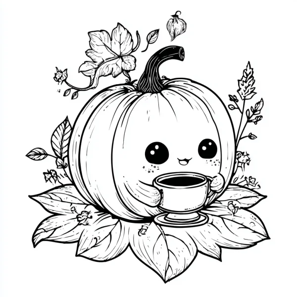 Cute anthropomorphic pumpkin holding a coffee cup, cartoon style — free printable coloring page