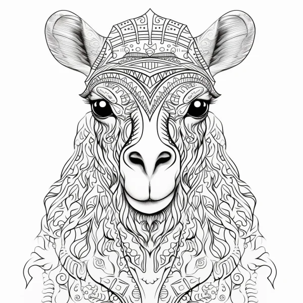 Alpaca head with ethnic decorative patterns, bohemian style — free printable ethnic culture coloring book page