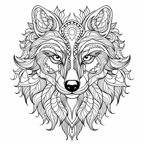 Coloring book page, mandala-style wolf head — free printable totem culture coloring book page