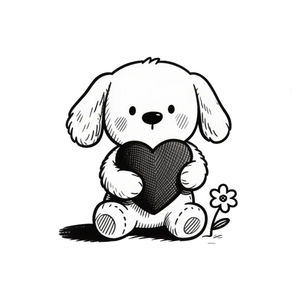Cartoon puppy holding a heart, cartoon style — free printable coloring page