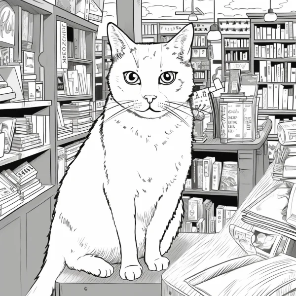 Cat sitting on a desk in a cozy bookstore, realistic illustration style — free printable bookstore coloring book page