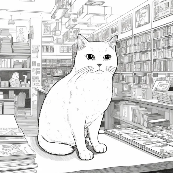 Cute cat sitting in a cozy bookstore, cartoon realistic line art style — free printable bookstore coloring book page