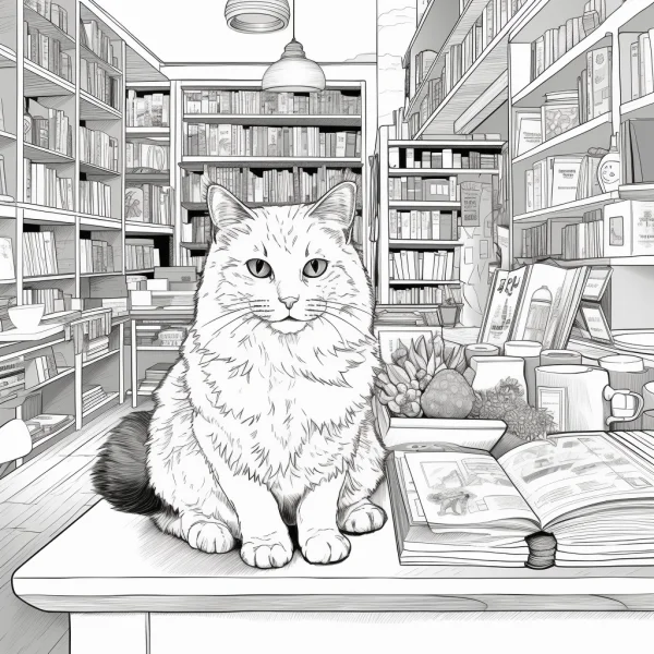 Cat sitting on a table in a cozy bookstore, realistic sketch style — free printable bookstore coloring book page