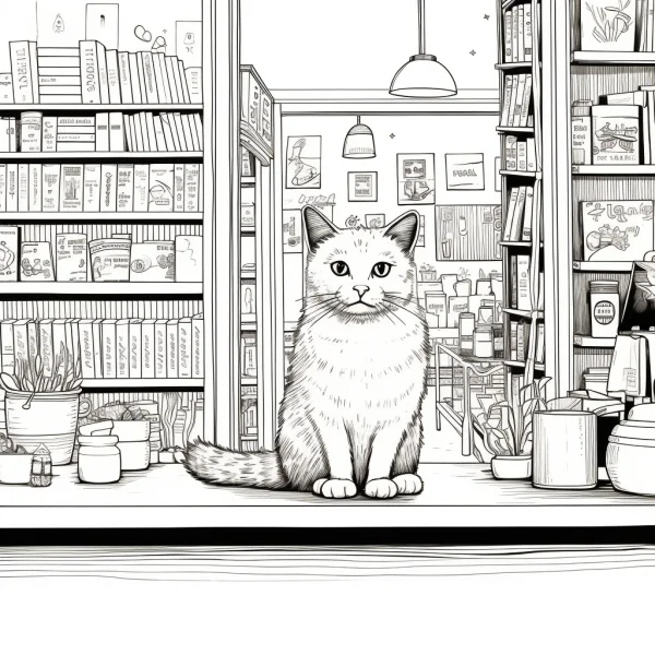 Cute cat sitting in a cozy bookstore interior, fine clean outlines — free printable bookstore coloring book page