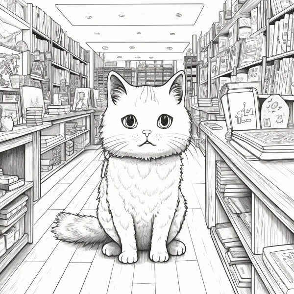 Cute cat sitting in a cozy bookstore, cartoon style — free printable bookstore coloring book page