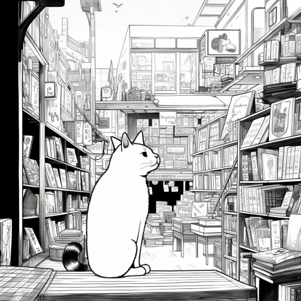 A cat sitting in a cozy crowded bookstore, intricate  detailed interior with full bookshelves and stacked books — free printable bookstore coloring book page