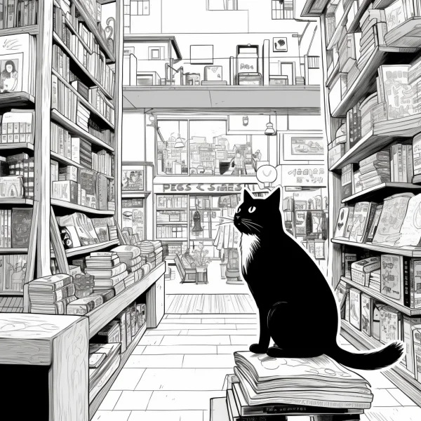 Black cat sitting on stacked books in a cozy bookstore interior, cartoon style — free printable bookstore coloring book page