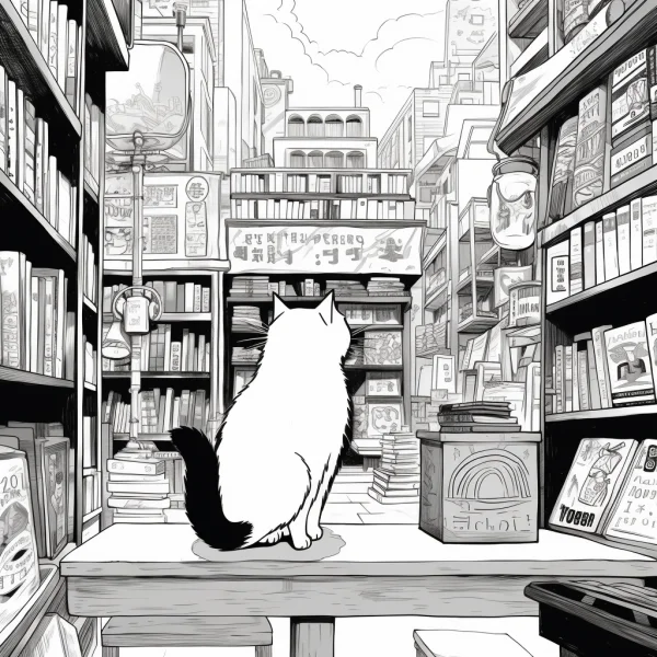 Coloring book page, white cat sitting on a wooden table in a cozy crowded bookstore — free printable bookstore coloring book page