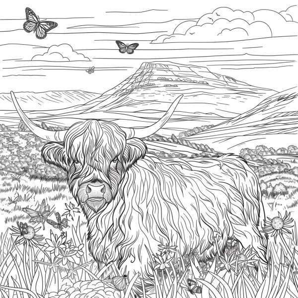 Highland cow in grassland, realistic line art style — free printable grassland coloring book page