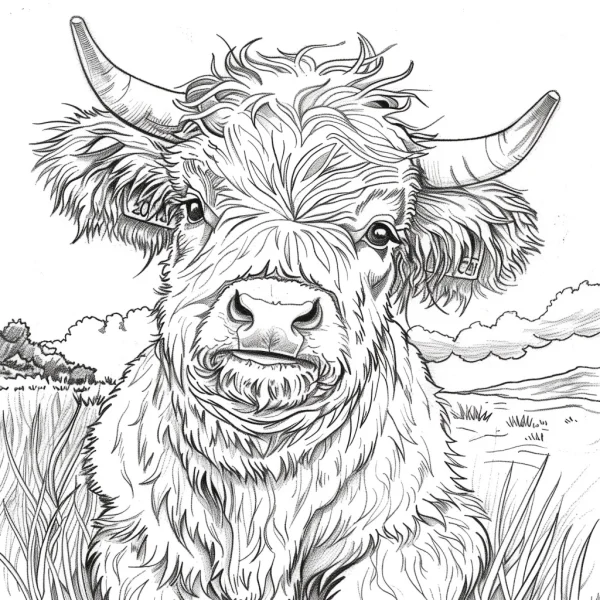 Realistic highland cow, in a grassy meadow with distant trees — free printable grassland coloring book page