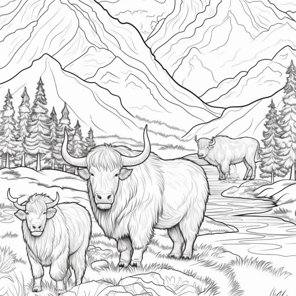 Herd of yaks including adult and calf, realistic line art — free printable grassland coloring book page