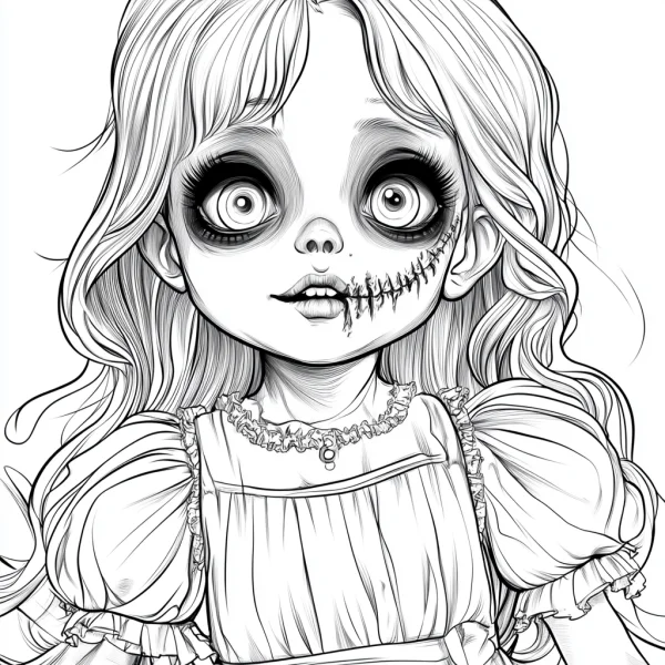 Creepy stitched-mouth girl, cartoon horror gothic style — free printable weird coloring book page