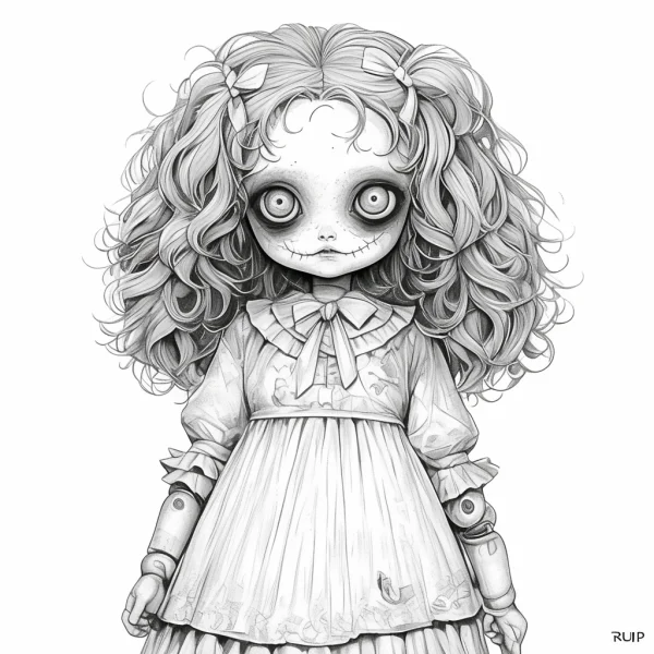 Creepy jointed doll with long curly hair, gothic dark cartoon style — free printable dolls coloring book page