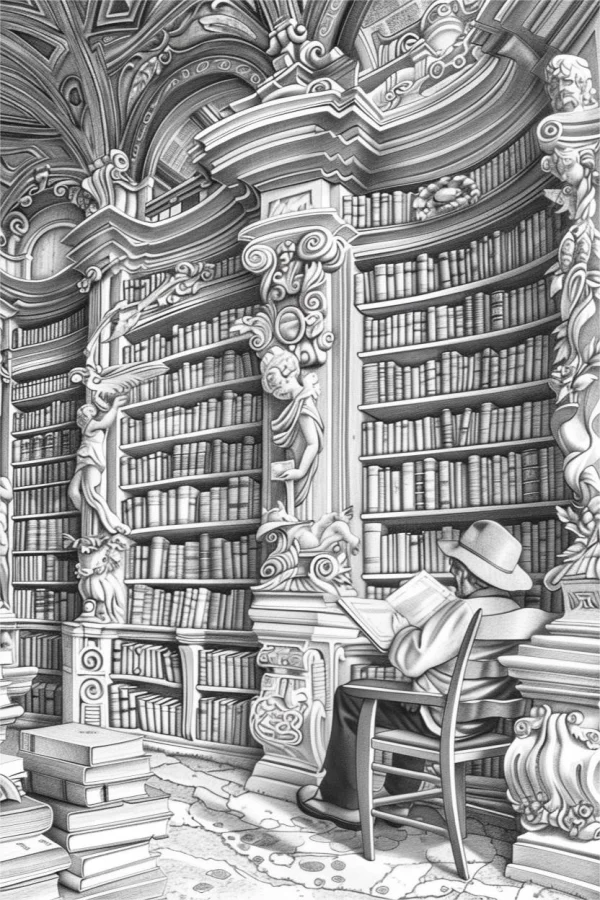 A person reading in a grand vintage library, retro realistic style — free printable library coloring book page