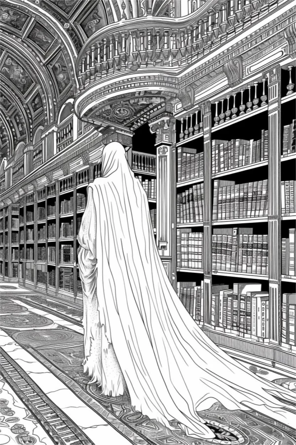 Mysterious hooded figure in an ancient grand library, retro fantasy style — free printable library coloring book page